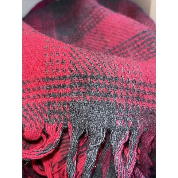 VTG Pendleton Red Black Tartan Wool Fringe Throw Blanket w/REPAIR Plaid Winter - Picture 3 of 4